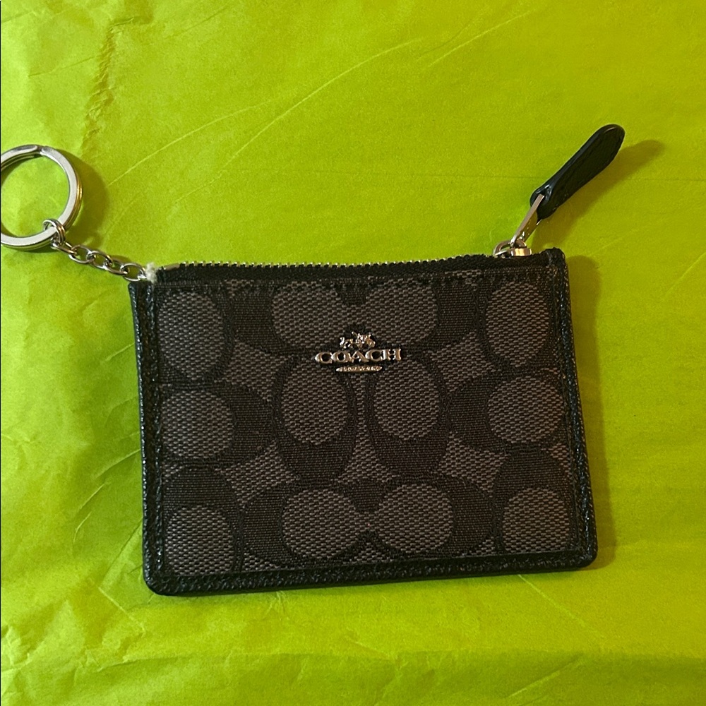 Coach Black Signature Zip Card Case Keyring